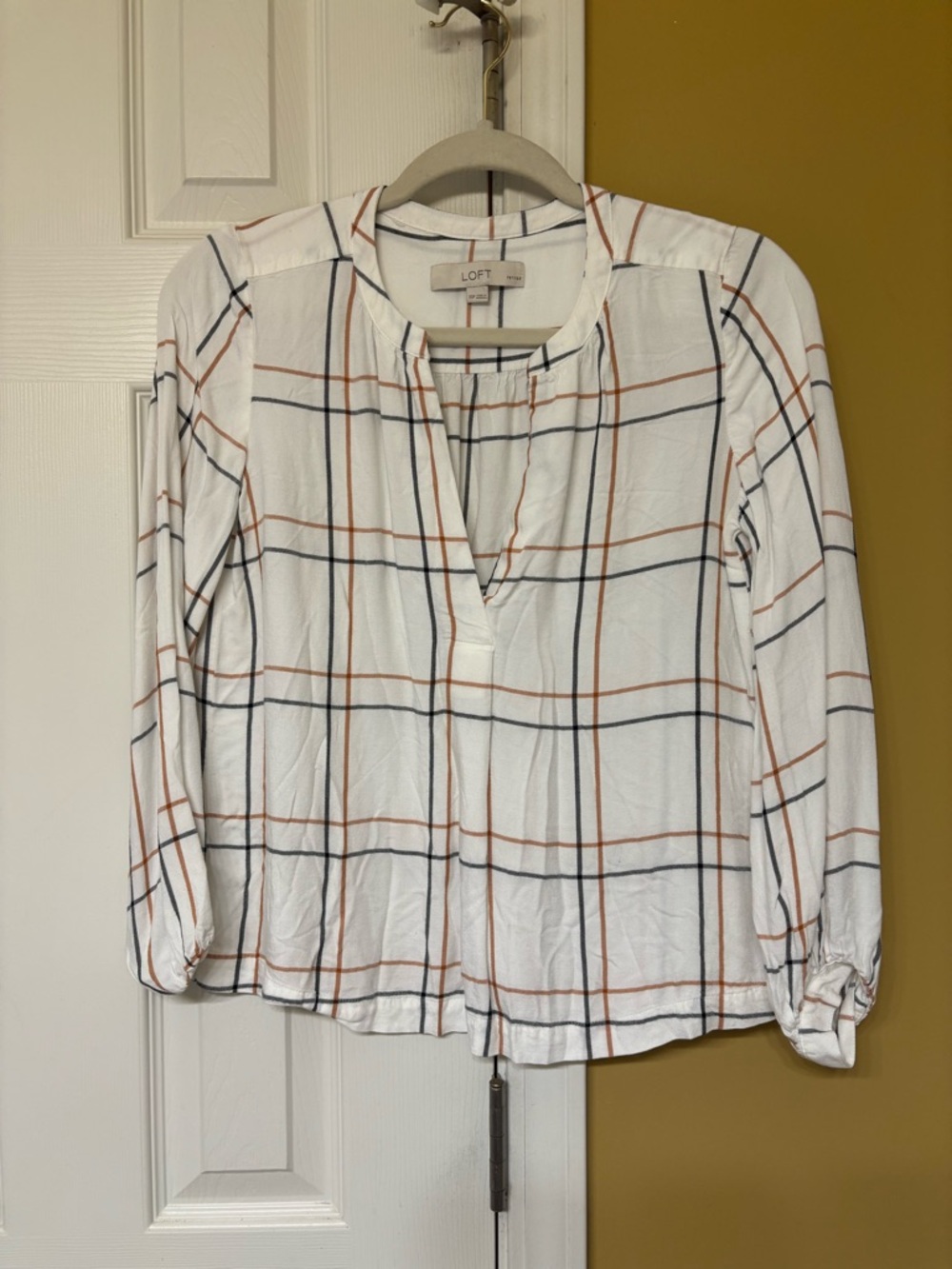 LOFT White Plaid Popover Blouse with Black and Rust Stripes